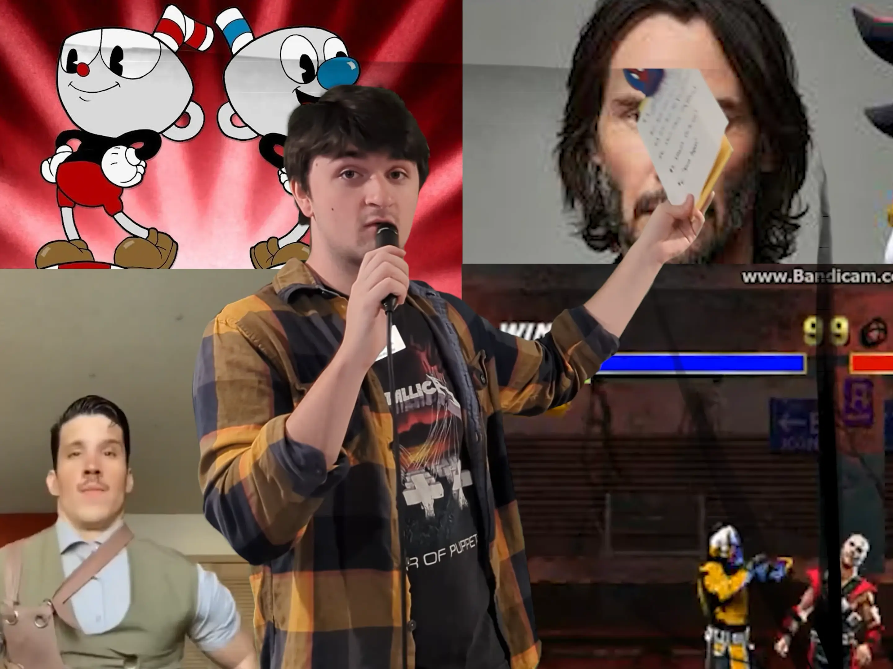 Benny Mayer holds a mic and paper, surrounded by layered pop culture and video game imagery